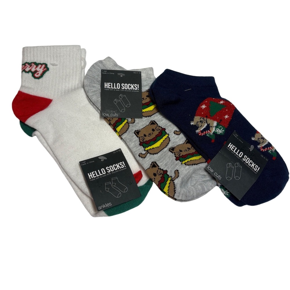 Hello Socks Womens 3 Pair Bundle Holiday Cat Burger Ankle Low Cut OS 4-10
